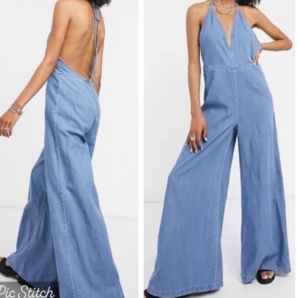 Free People Light Blue Denim Halter Jumpsuit